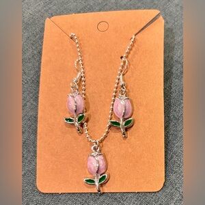 Pink Rose Pendant Necklace and Earring Set - Women Jewelry